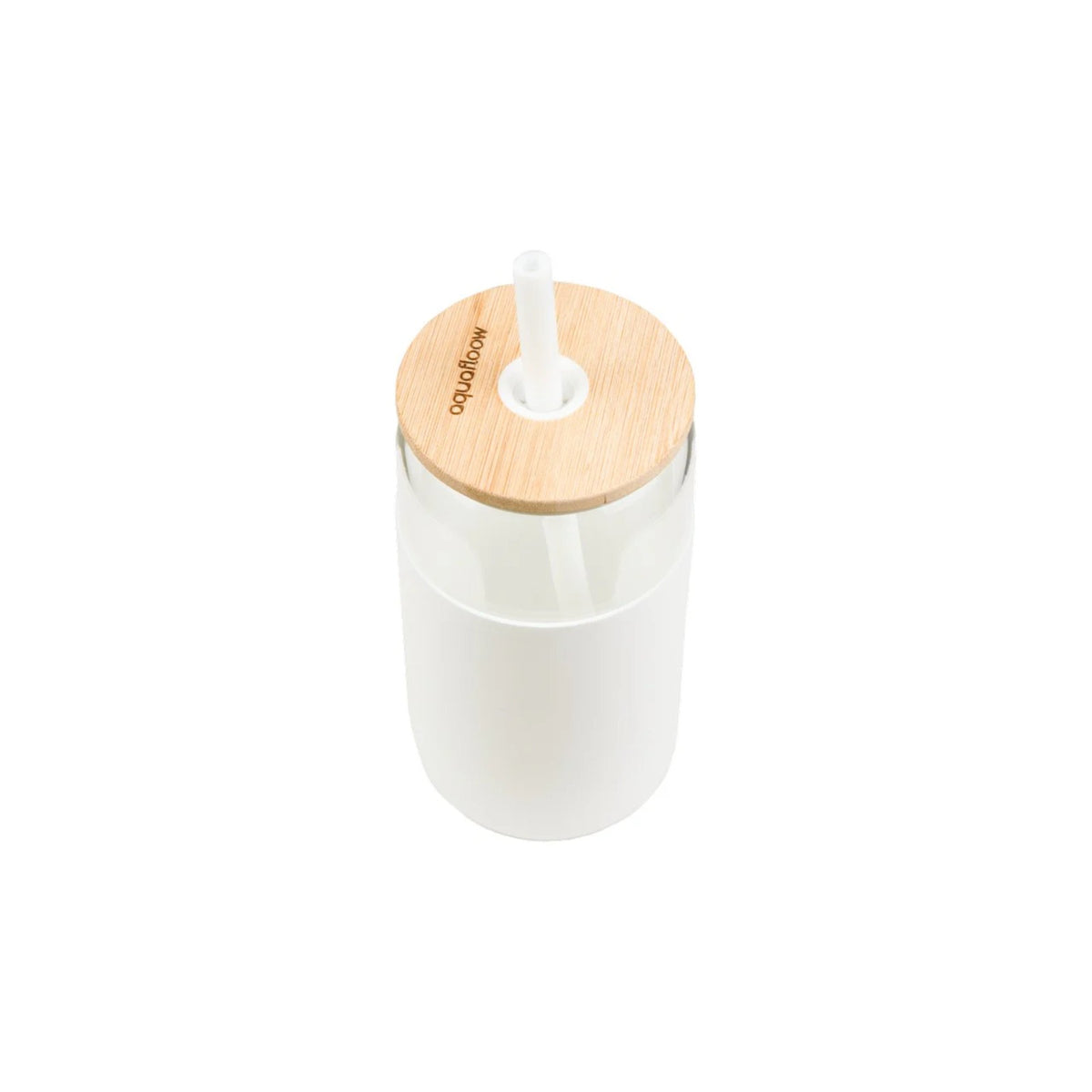 Aquafloow 500 ml jar in a white silicone sleeve with wooden lid and white straw, top view