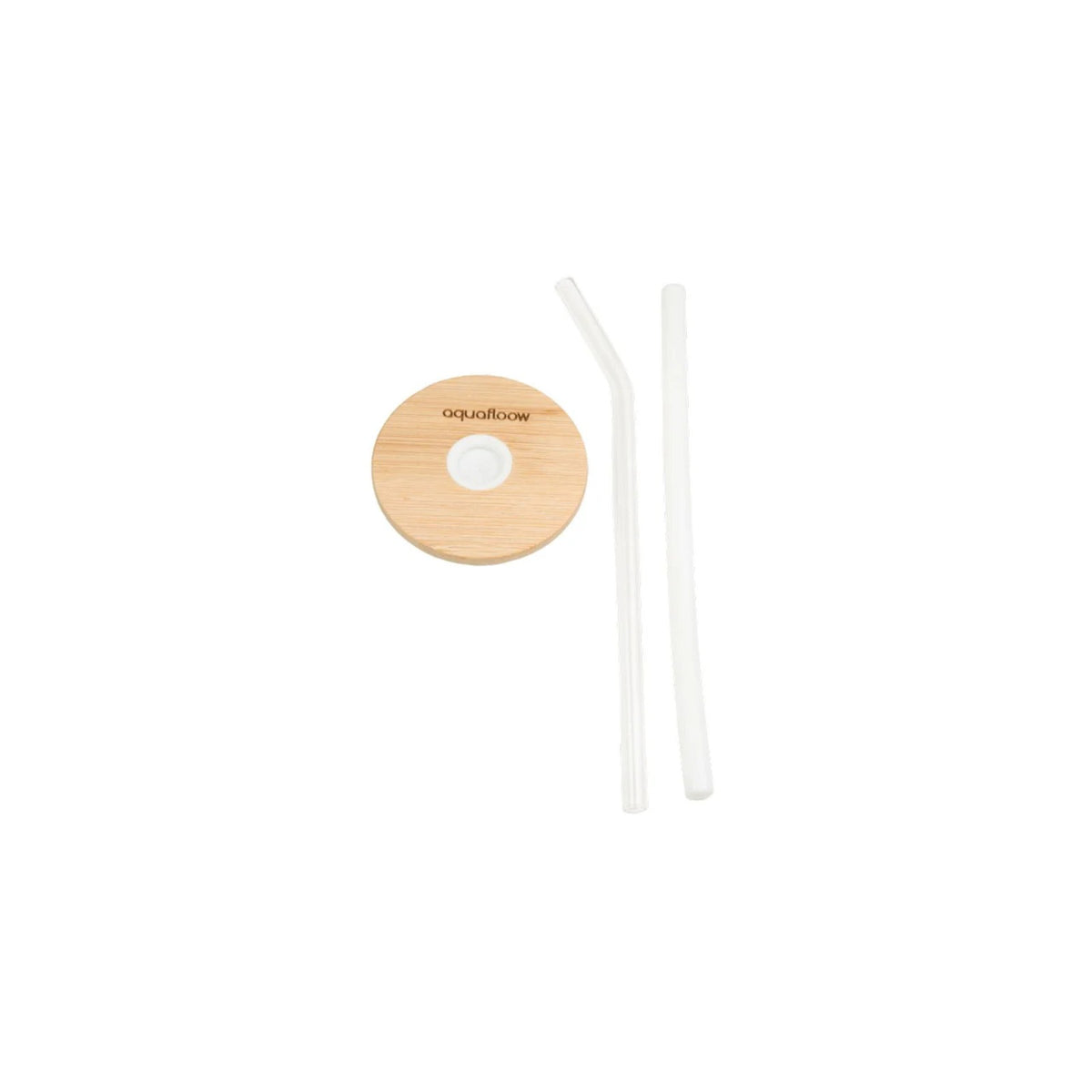 Aquafloow 500 ml jar – wooden lid stamped with aquafloow and two clear straws on a white background
