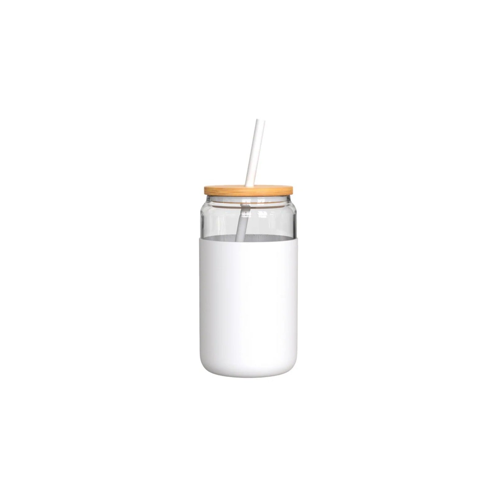 Aquafloow 500 ml jar in a white silicone sleeve with wooden lid and white straw