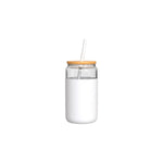 Aquafloow 500 ml jar in a white silicone sleeve with wooden lid and white straw