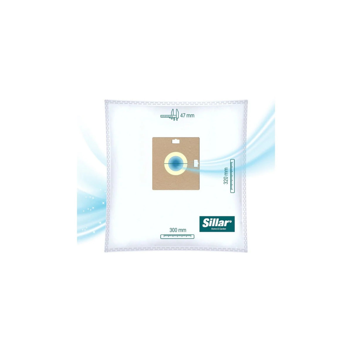 Sillar anti-allergy compatible bags for Samsung vacuum cleaners VP / SC (4 pcs) – white bag with cardboard collar and dimensions.