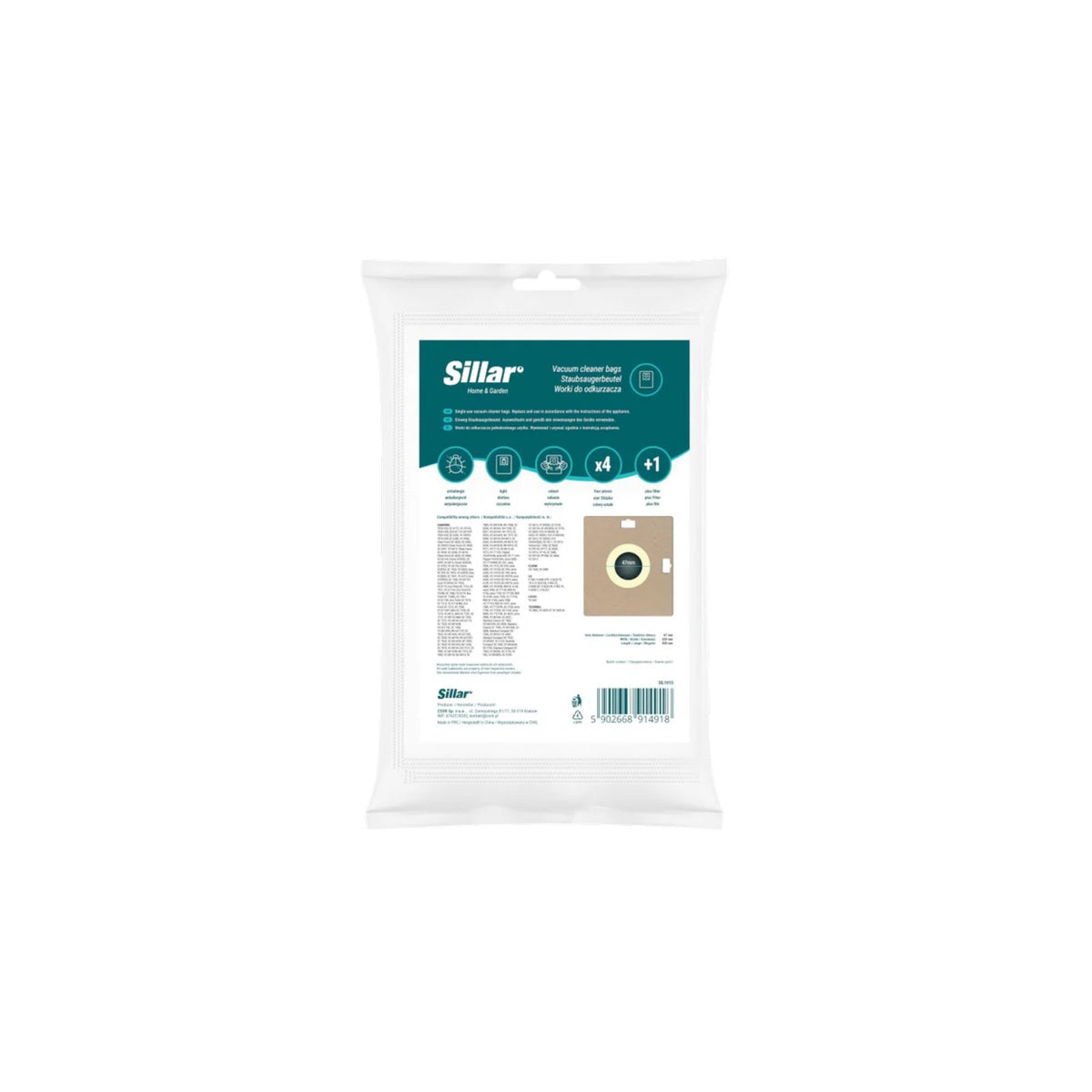 Sillar anti-allergy compatible bags for Samsung vacuum cleaners VP / SC (4 pcs) – back of the packaging with label and image of the bag.