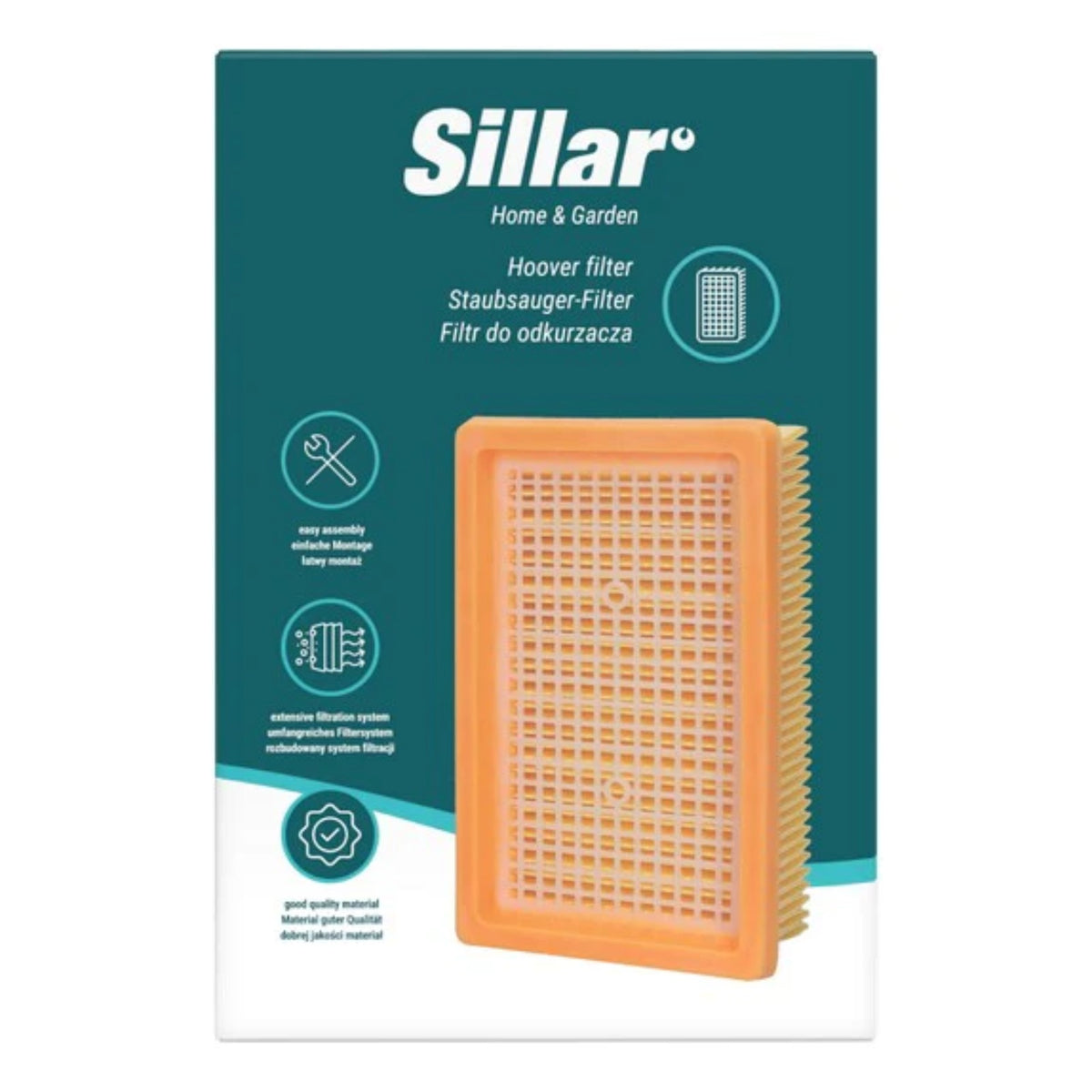 Sillar kompatibilní filtr s vysavači Kärcher WD 4, WD 5 a WD 6 – oranžový obdélníkový filtrační vložka na obalu produktu