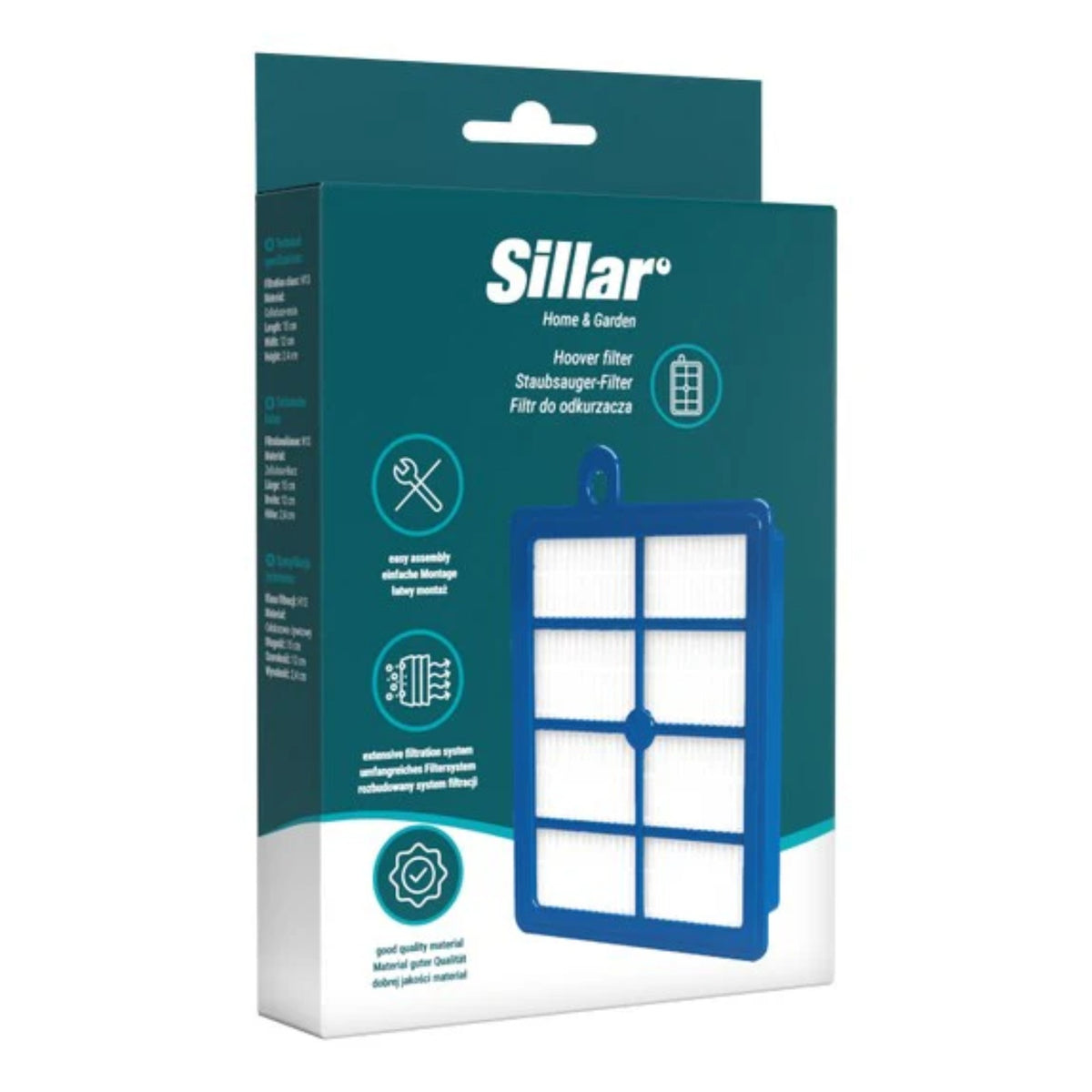 Sillar náhradní HEPA filtr za Electrolux EFH12 – balení s tmavě zelenobílým designem a viditelným modrým filtrem s bílou