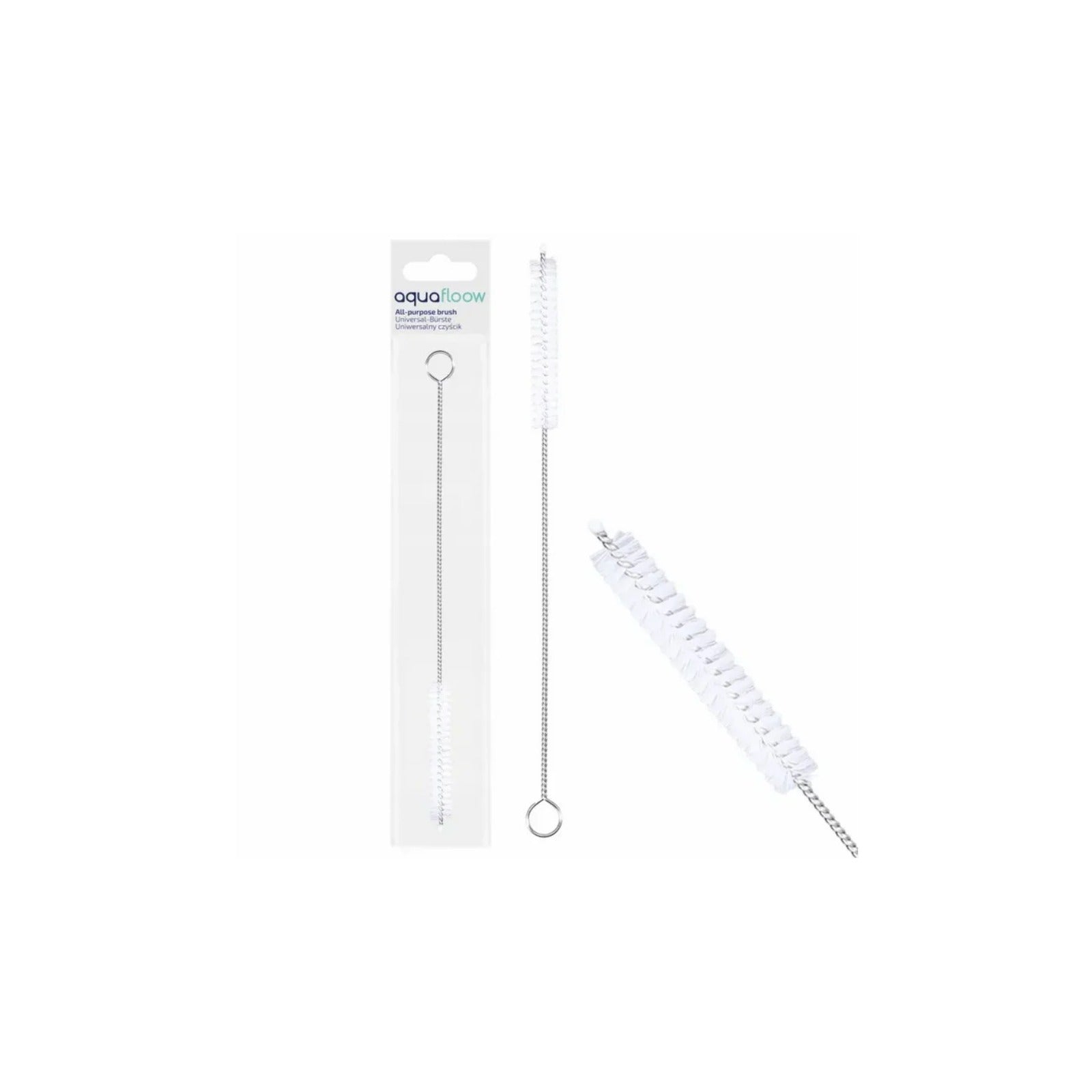 Aquafloow coffee machine cleaning brush – long thin brush with white bristles and a metal handle with a loop, packaged in
