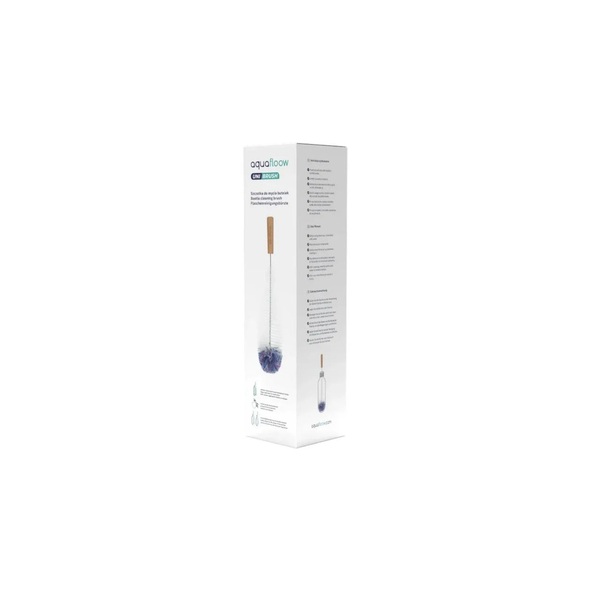 Aquafloow Bottle cleaning brush for carbonators – packaging with photo of a long brush with wooden handle and blue‑purple head