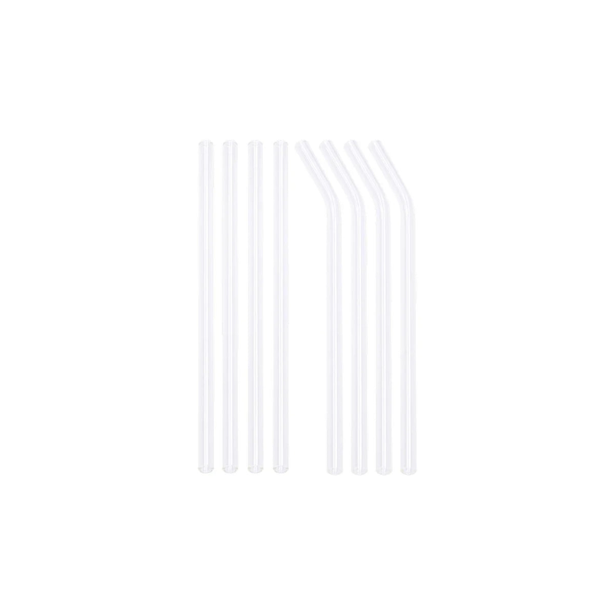 Sillar set of glass straws 8 pcs – eight transparent glass straws, four straight and four bent, on a white background
