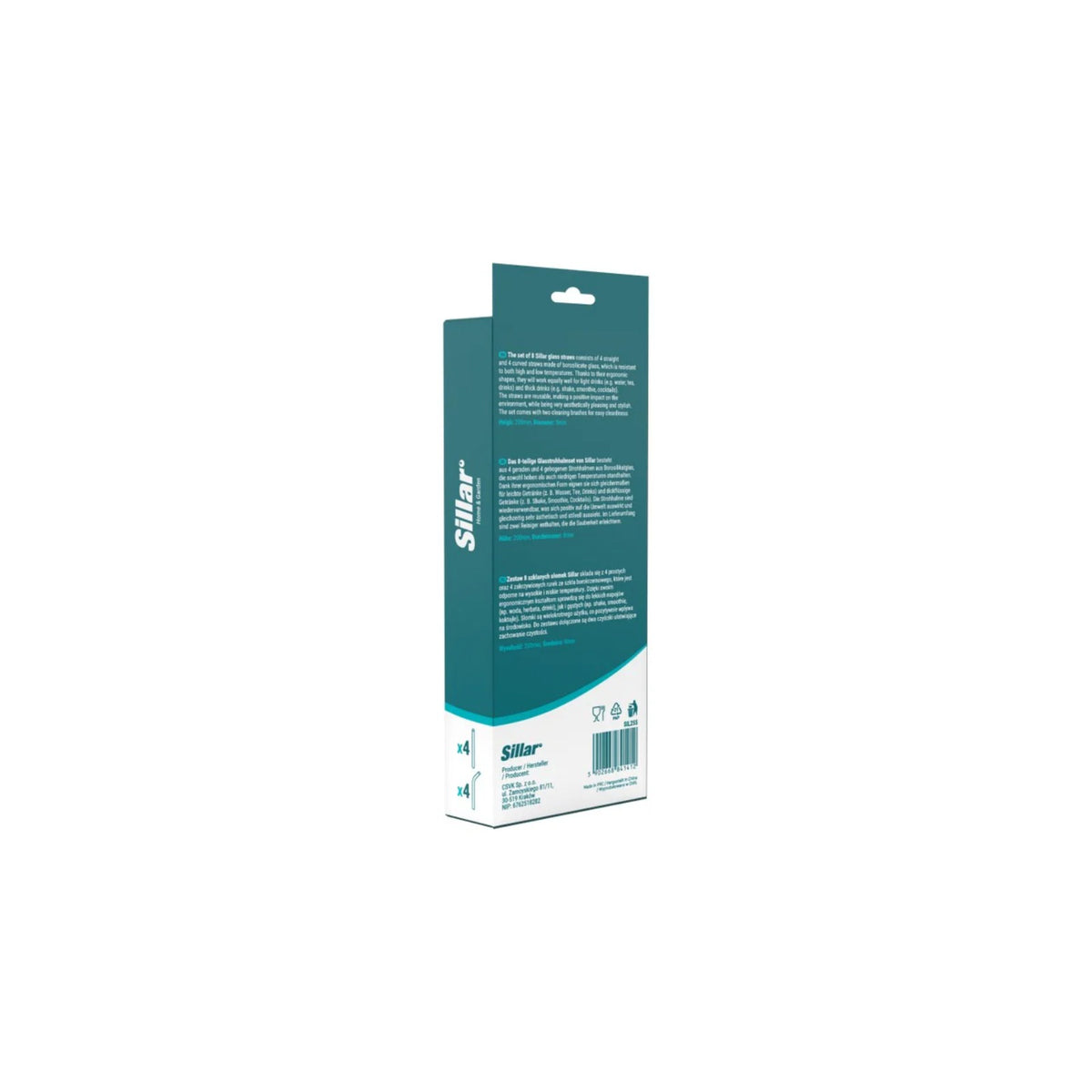Sillar set of glass straws 8 pcs – teal-white product box with description and icons, shown from the side