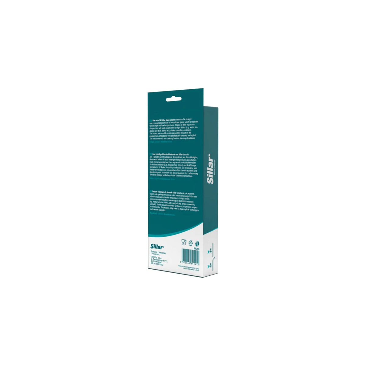 Sillar set of glass straws 8 pcs – green-white packaging shown from the side with product text and icons