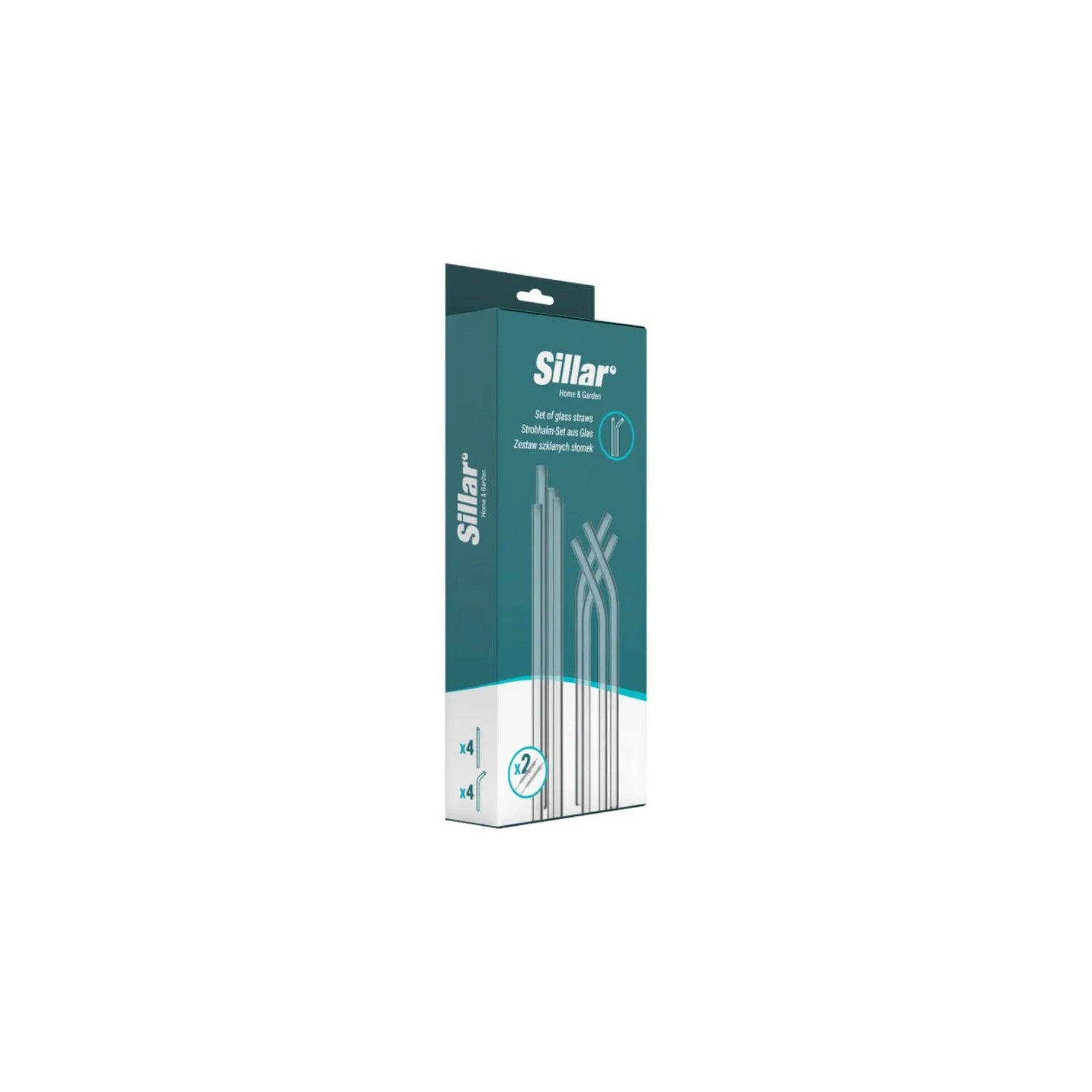 Sillar set of glass straws 8 pcs – box showing clear glass straws and Sillar logo on a turquoise background