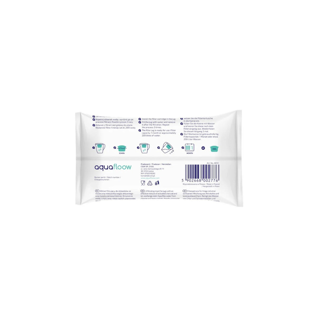 Aquafloow Maxi filter cartridge for water jugs – back of packaging with instructions, aquafloow logo and barcode.