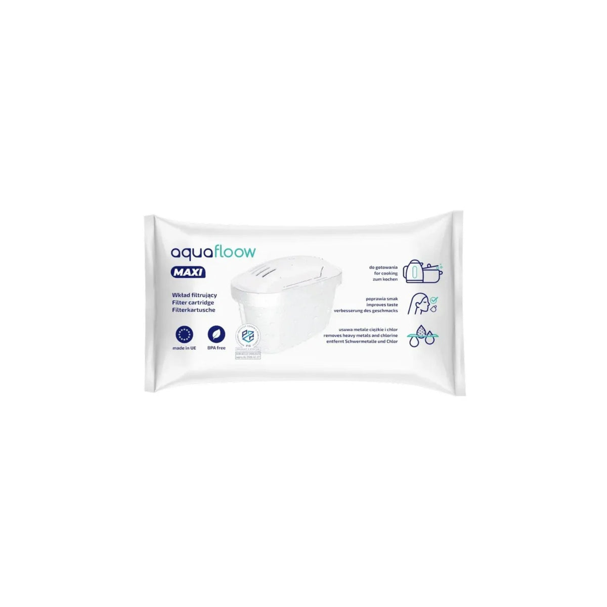 Aquafloow Maxi filter cartridge for water jugs – packaging showing a white filter cartridge and usage icons