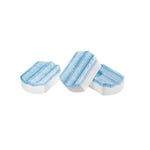 Three white-and-blue rectangular descaling tablets with a ribbed blue surface on a white background