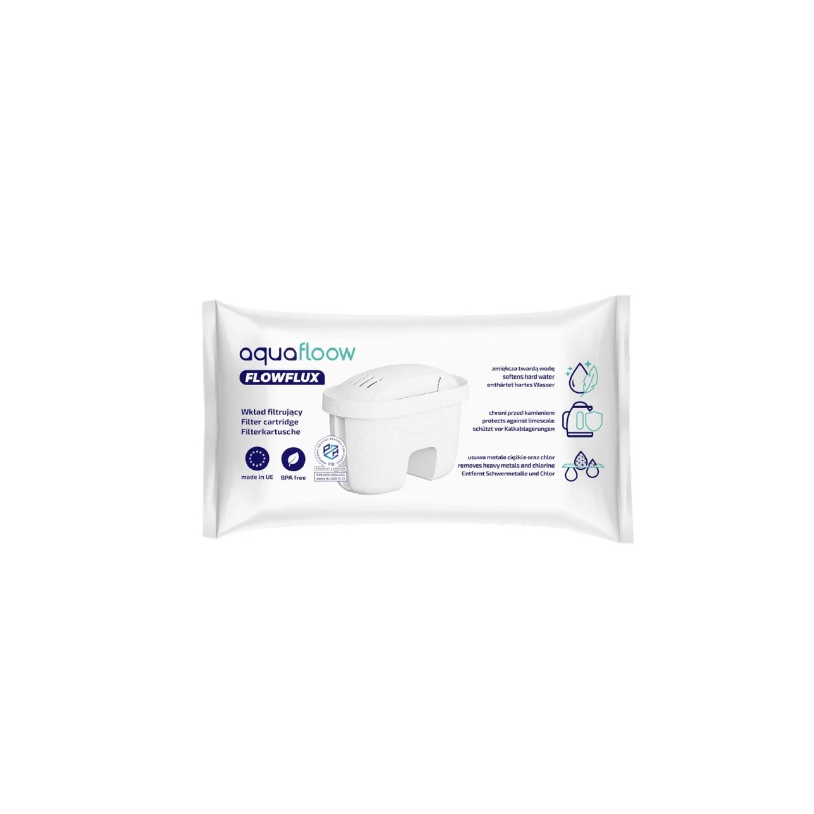 Aquafloow FlowFlux filter cartridge for jugs (replacement for Brita Maxtra/Maxtra+) in white foil with image of the filter and icons