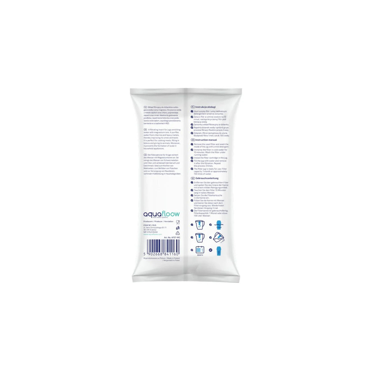 Aquafloow ClassMag filter cartridge with magnesium – back of packaging with instructions, aquafloow logo and barcode