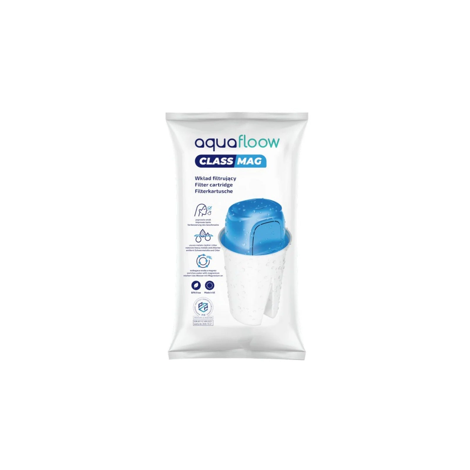 Aquafloow ClassMag filter cartridge with magnesium – white filter with blue cap on packaging, shown from the front