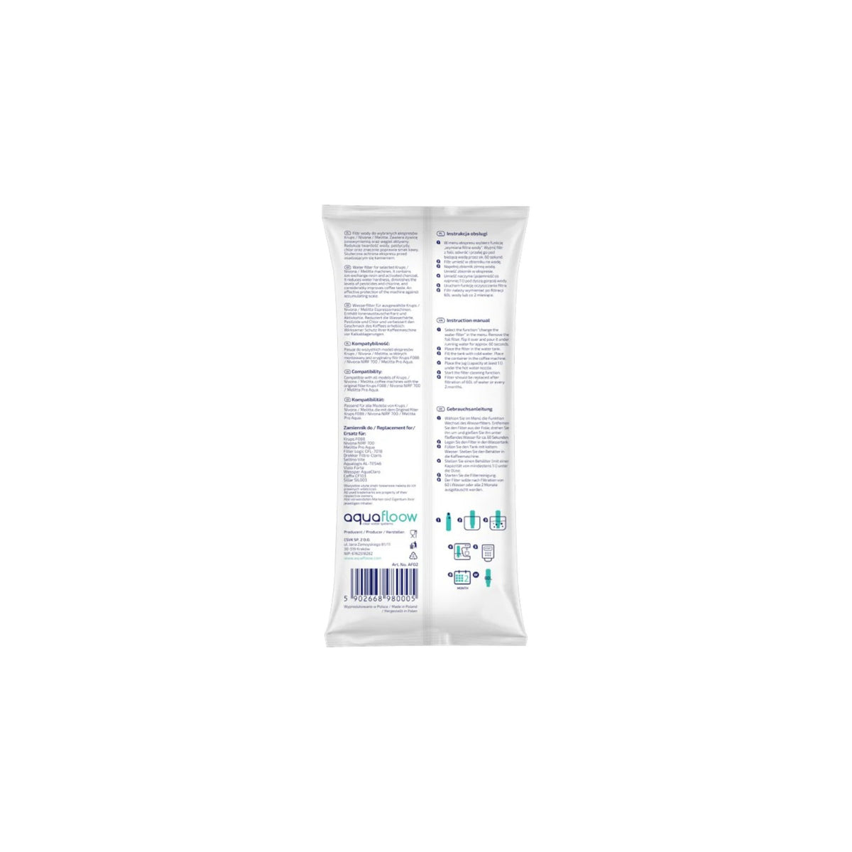 Aquafloow Maxiclar water filter compatible with Krups/Nivona (replacement NIRF 700 / F08801) shown in rear plastic packaging with
