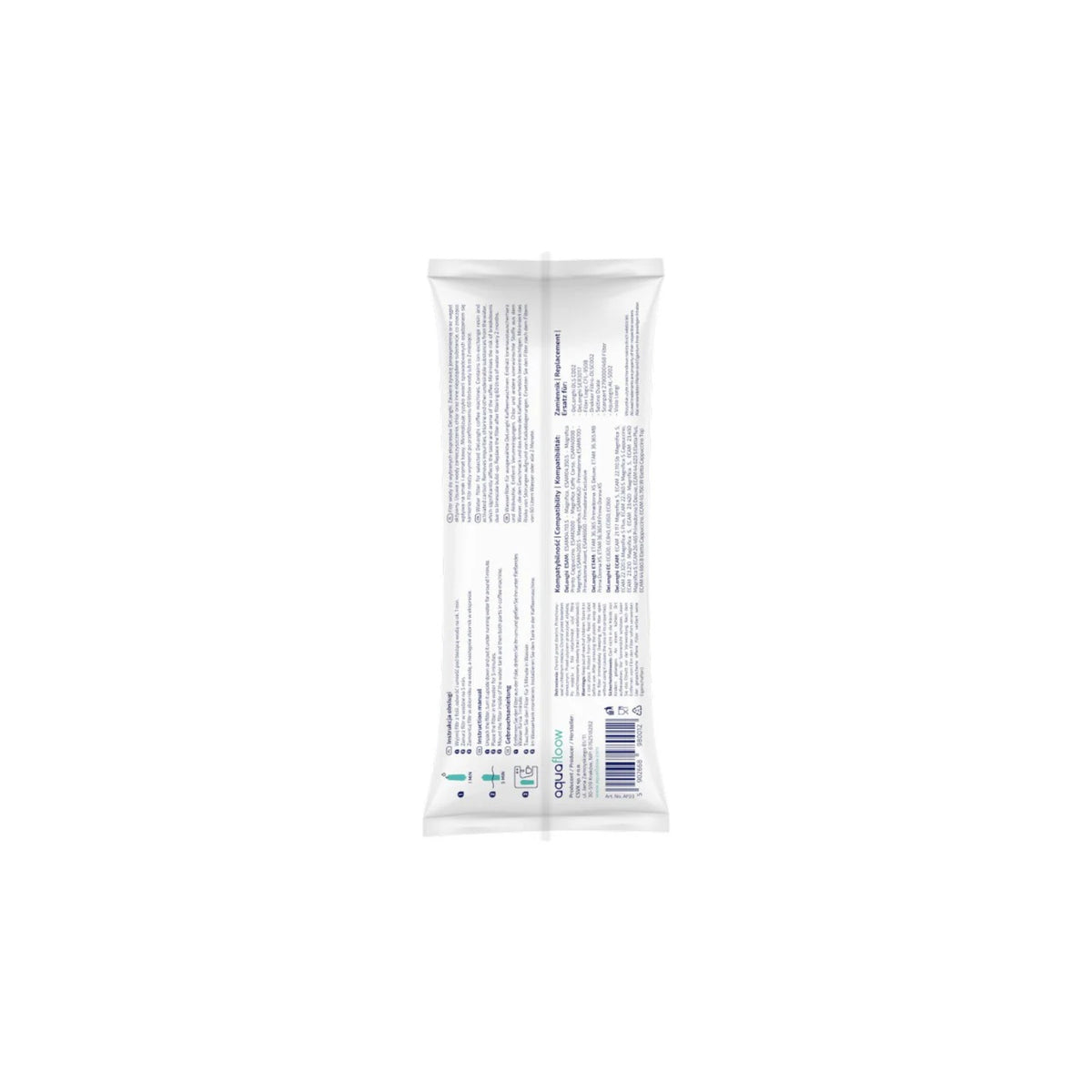 Aquafloow Longi water filter compatible with DeLonghi (replacement SER3017/DLSC002) in white packaging with vertical text