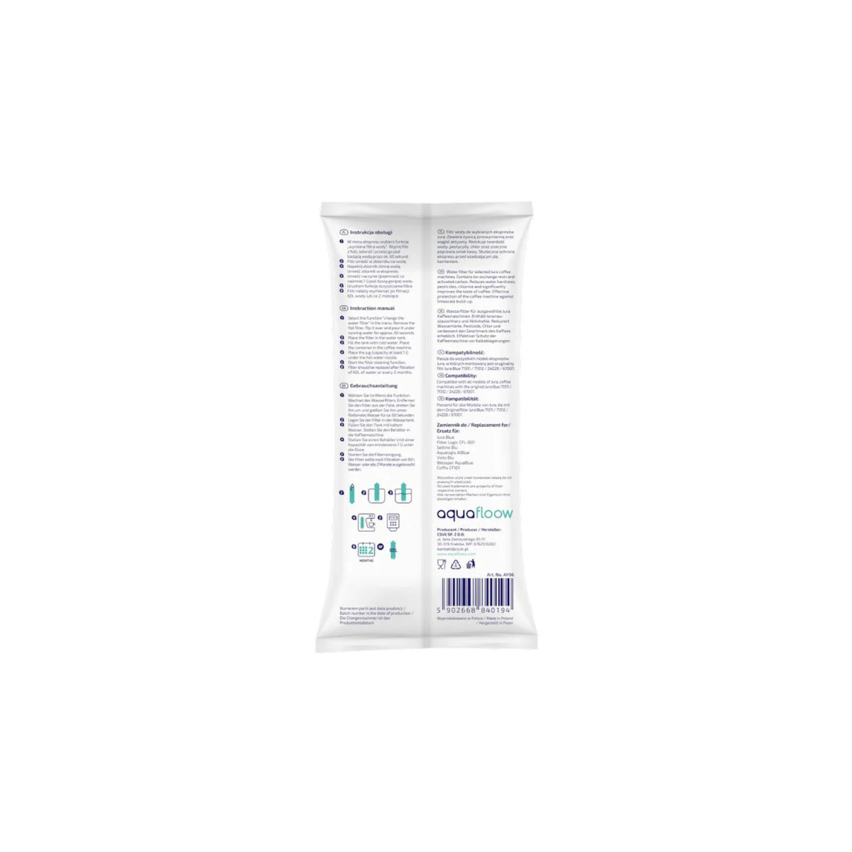 Aquafloow Blau water filter compatible with Jura coffee machines – back of packaging with text, icons and barcode