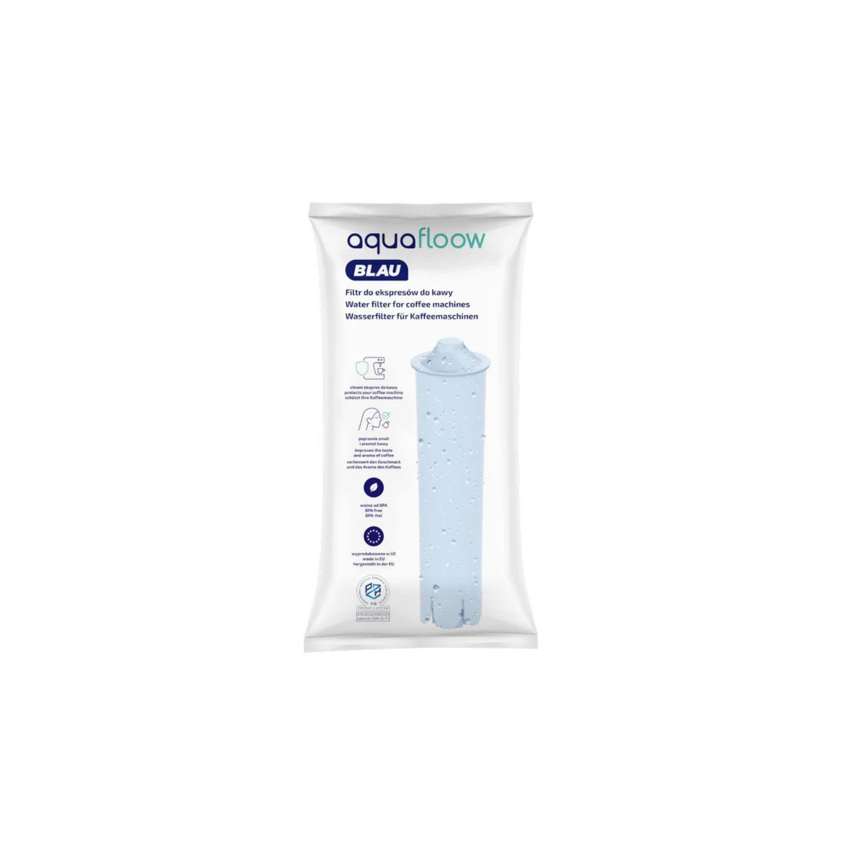 Aquafloow Blau water filter compatible with Jura coffee machines showing white packaging with blue filter and aquafloow BLAU logo