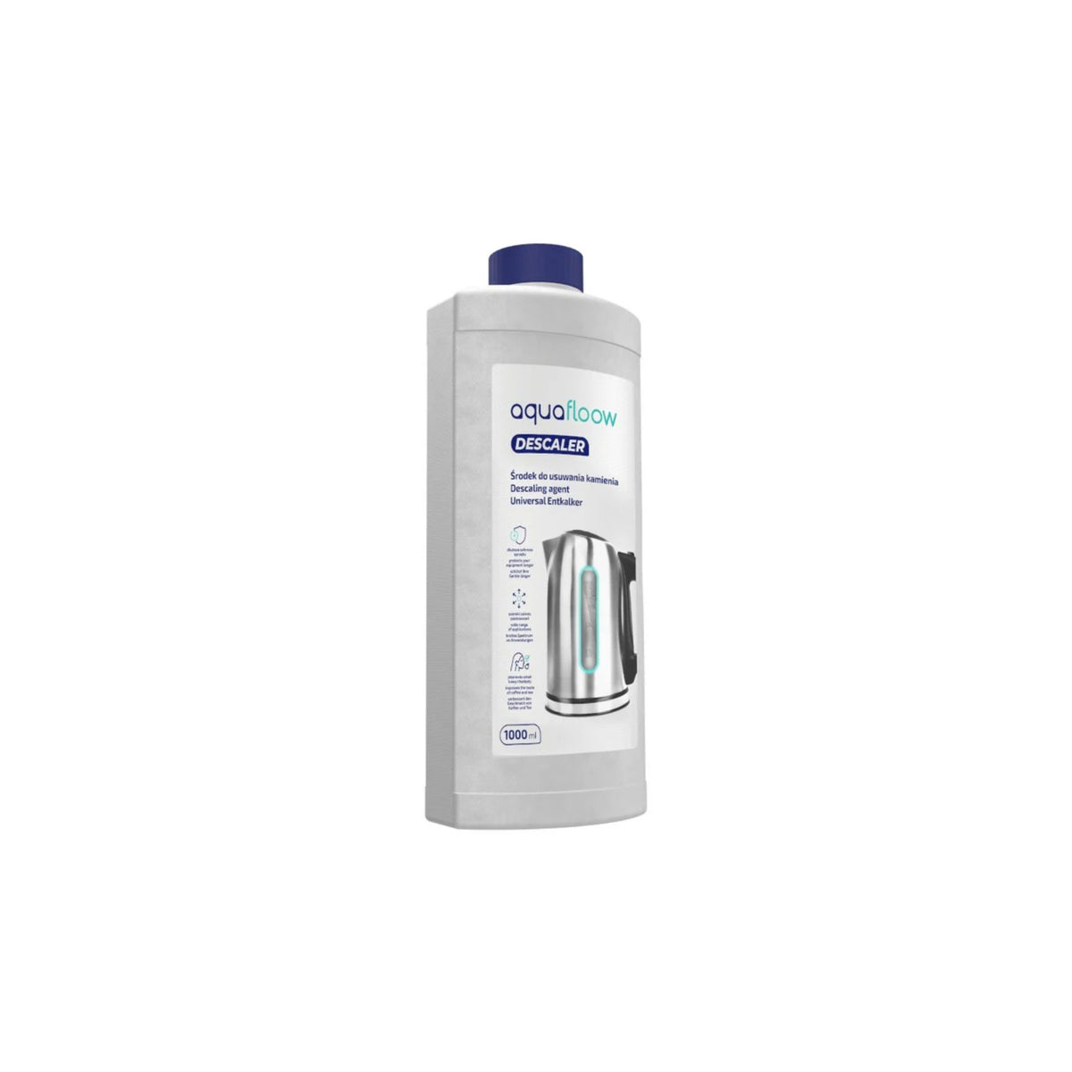 Aquafloow liquid descaler for coffee machines, kettles and irons (1000 ml) – white plastic bottle with a blue cap and a label featuring