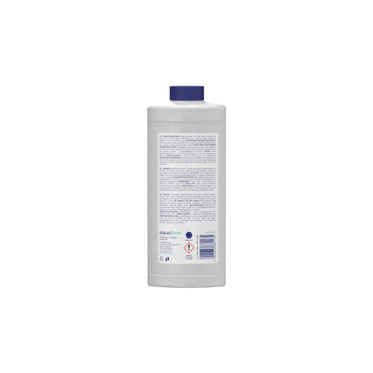 Aquafloow liquid descaler for coffee machines, kettles and irons (1000 ml) – white plastic bottle with a label and blue closure,