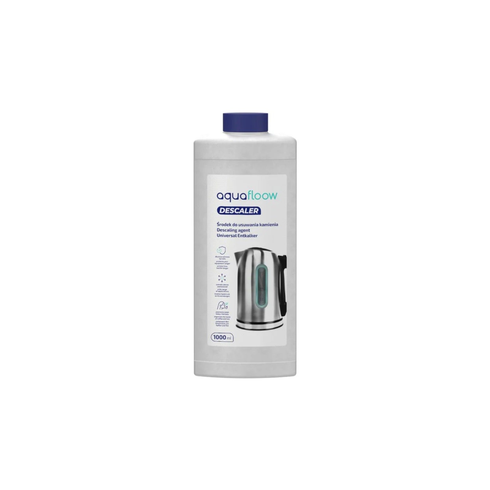 Aquafloow liquid descaler for coffee machines, kettles and irons (1000 ml) – white plastic bottle with a blue cap and an image of