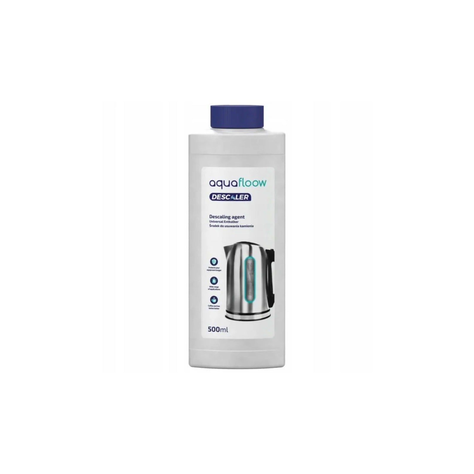 Aquafloow liquid descaler for coffee machines, kettles and irons (500 ml) – white bottle with a blue cap and a label with an image