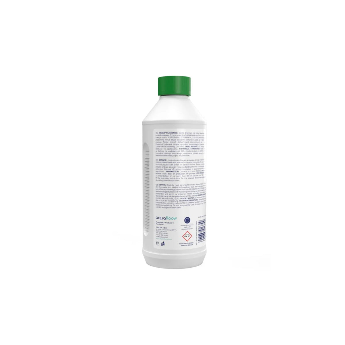 Aquafloow Green natural descaler for coffee machines and kettles (500 ml) – white plastic bottle with green cap and rear label with