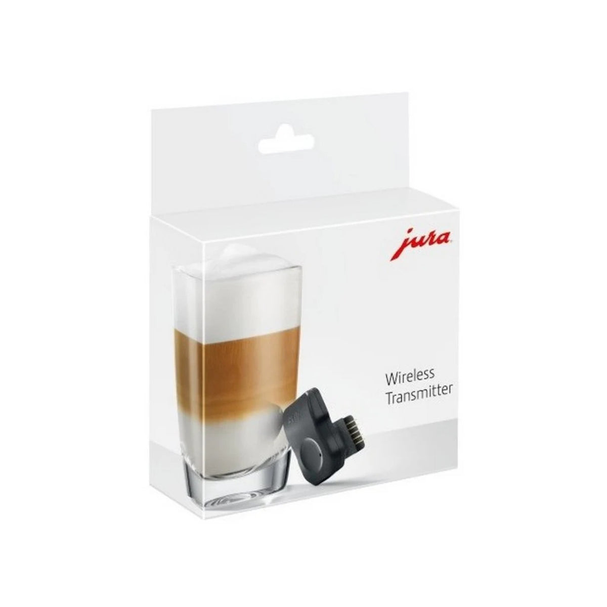 JURA Bezdrátový vysílač pro Cool Control 1 Litr (24031) – zobrazeno balení se sklenicí kávy a černým bezdrátovým vysílačem