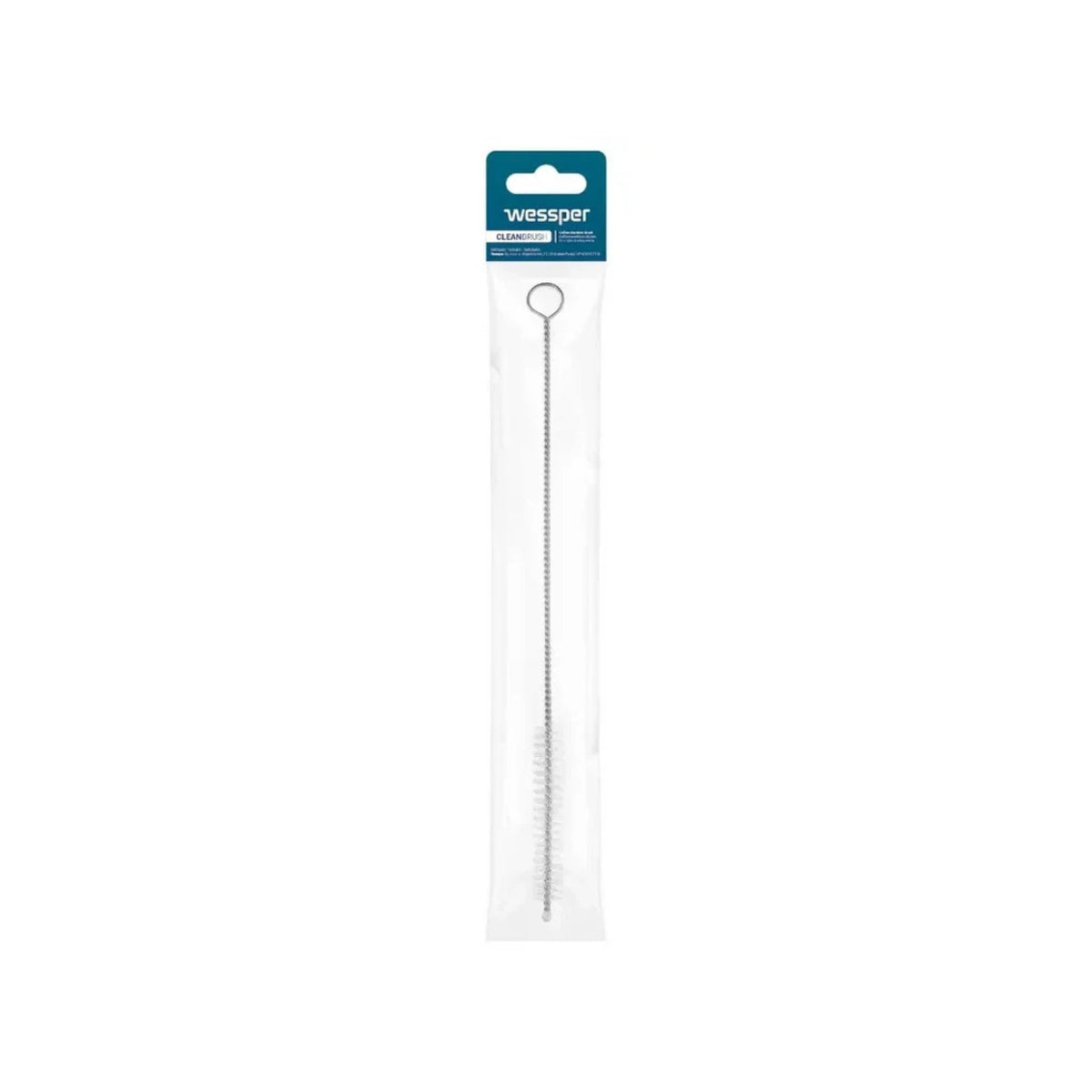 Wessper CleanBrush cleaning brush for coffee machines in transparent packaging with blue header, thin wire brush with hanging loop at top