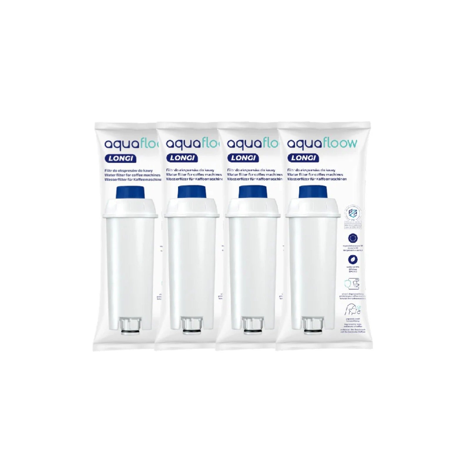 4x Aquafloow Longi water filter compatible with DeLonghi coffee machines – four white cylindrical filters in the pack, blue caps and packaging