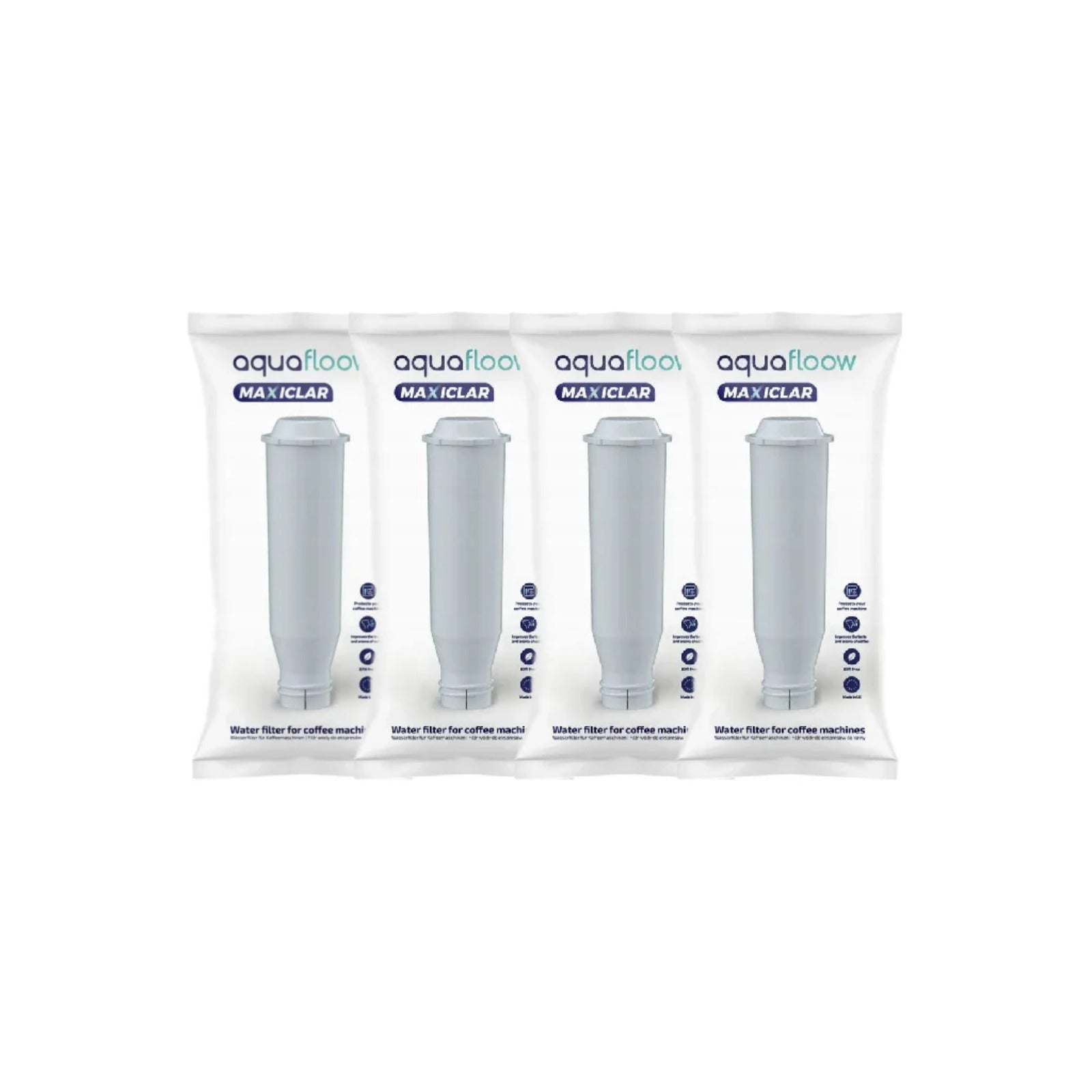 4x Aquafloow Maxiclar water filter compatible with Krups/Nivona coffee machines (replacement for NIRF 700 / F08801) — four white wrapped units
