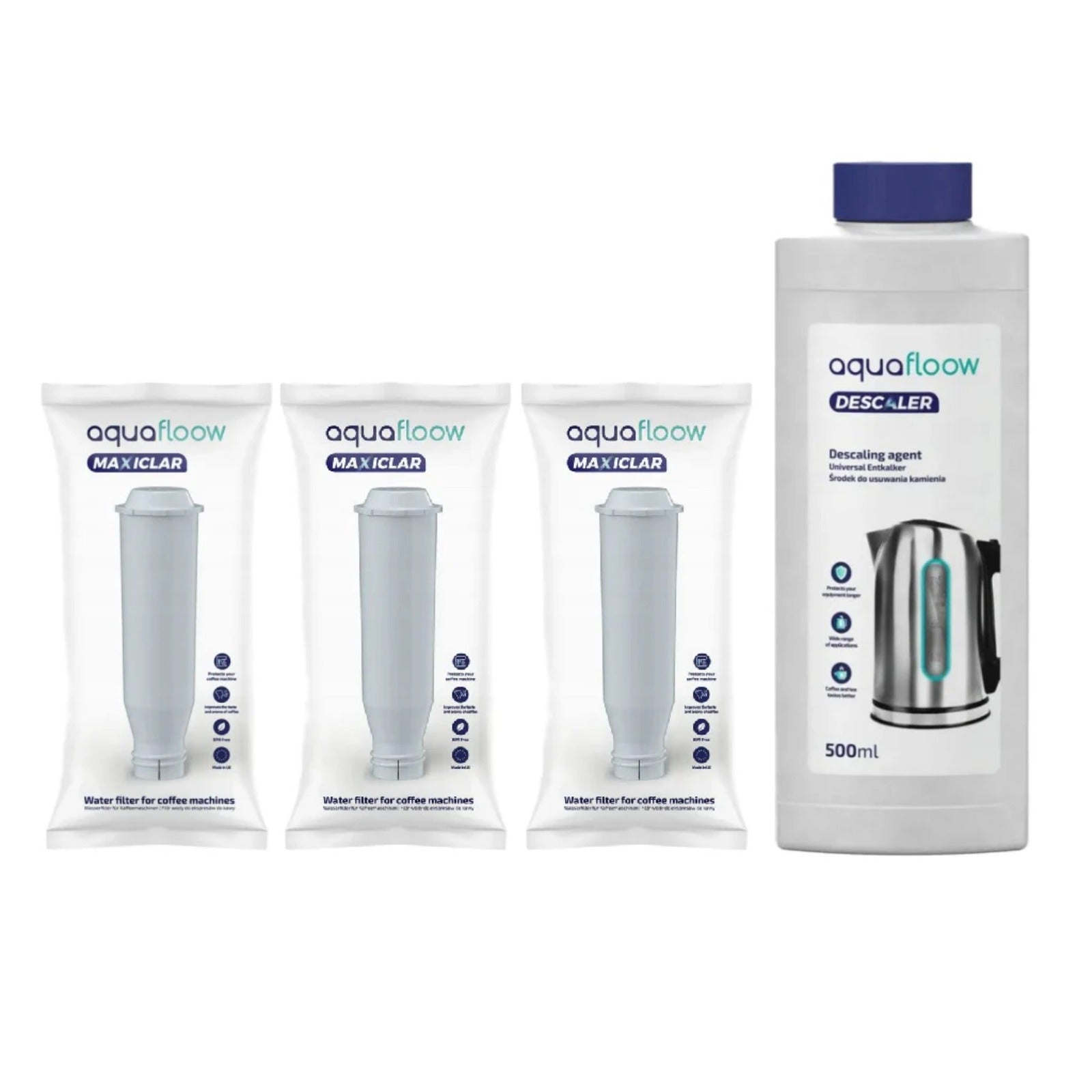 Aquafloow liquid descaler (500 ml) and 3× Aquafloow Maxiclar water filter - descaler bottle and three packaged filters on a white