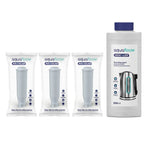 Aquafloow liquid descaler (500 ml) and 3× Aquafloow Maxiclar water filter - descaler bottle and three packaged filters on a white