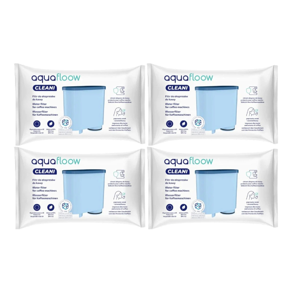 4x Aquafloow Cleani water filter - four packs with a blue filter and white packaging shown in four squares