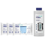 Aquafloow tekutý odvápňovač (500 ml) vedle tří balení vodních filtrů Aquafloow Cleani na bílém pozadí