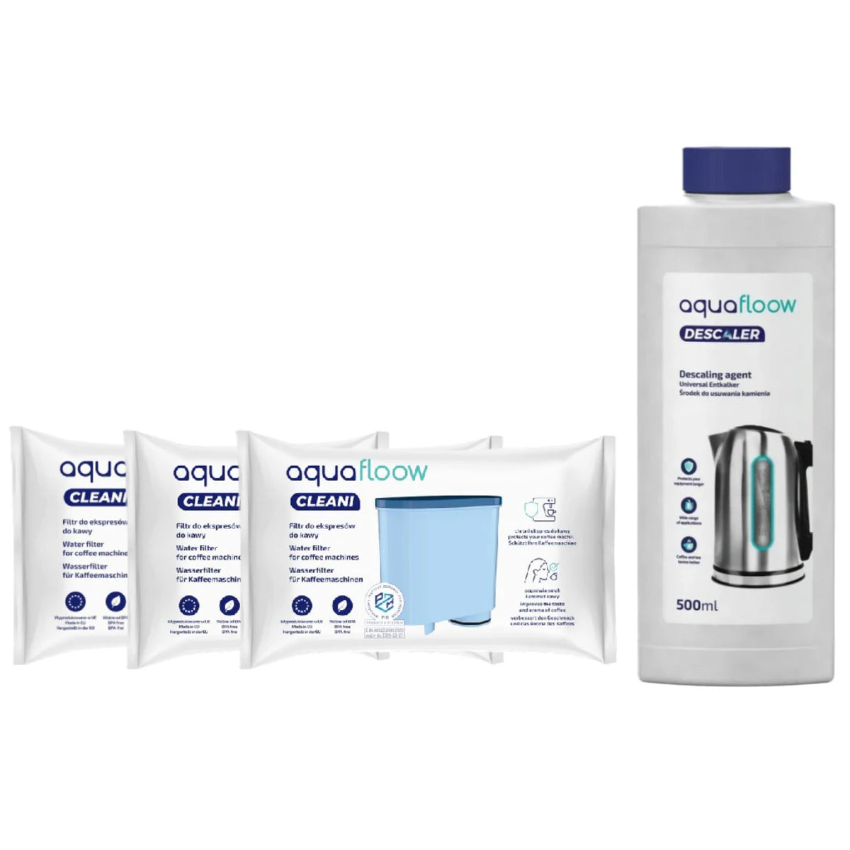 Aquafloow tekutý odvápňovač (500 ml) vedle tří balení vodních filtrů Aquafloow Cleani na bílém pozadí