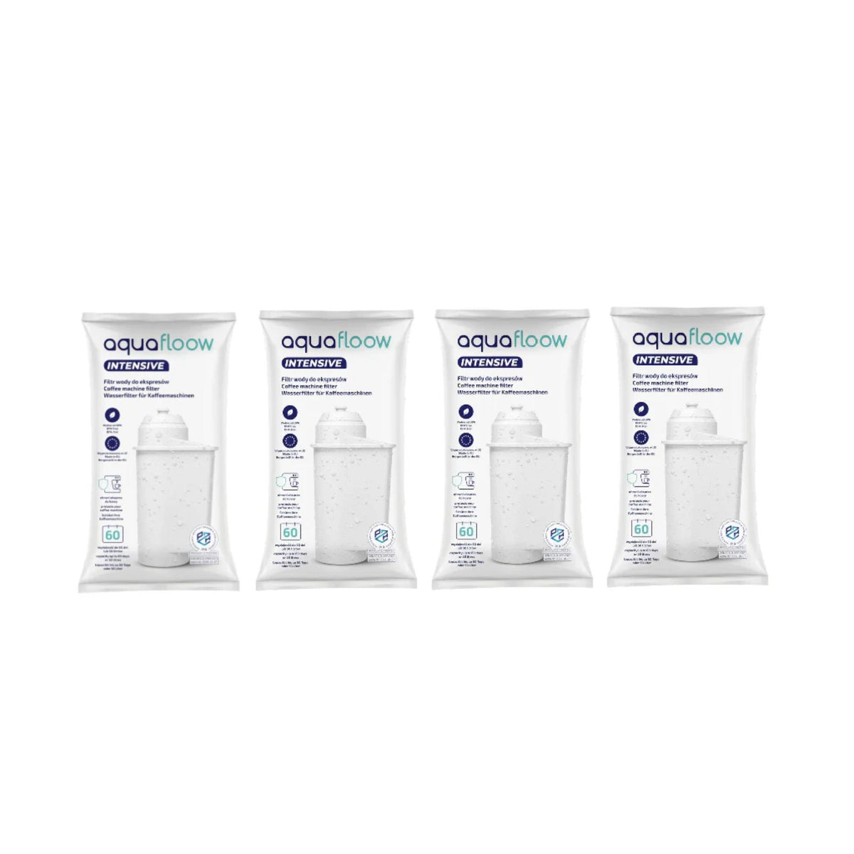 4x Aquafloow Intensive vodní filtr pro kávovary Bosch/Siemens (náhrada za Intenza TZ70003/TCZ7003) – čtyři bílé zabalené