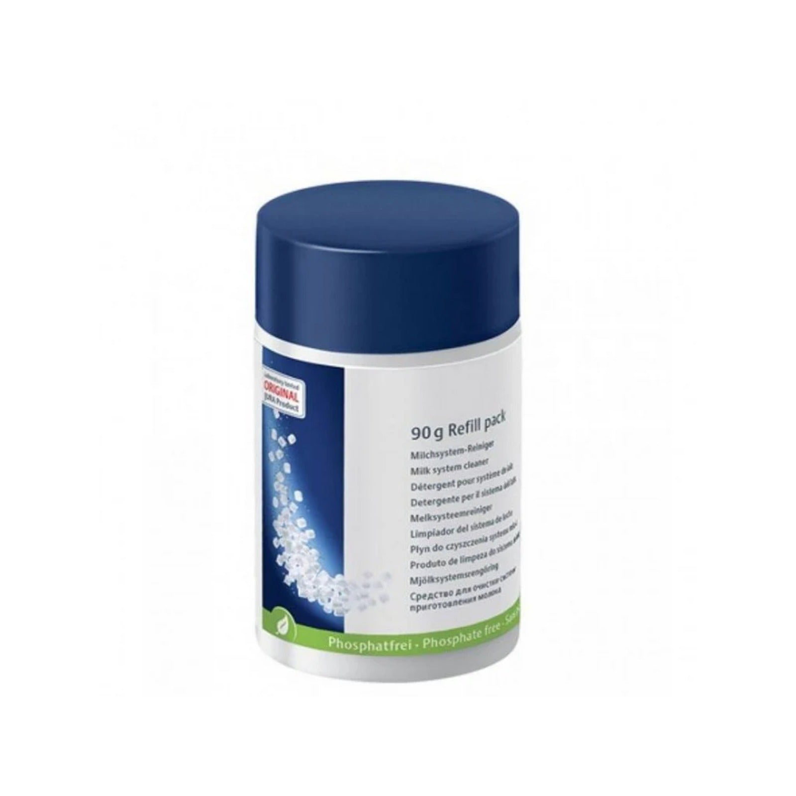 JURA Mini cleaning tablets for milk system – refill bottle 90g (24157), white plastic bottle with blue lid and