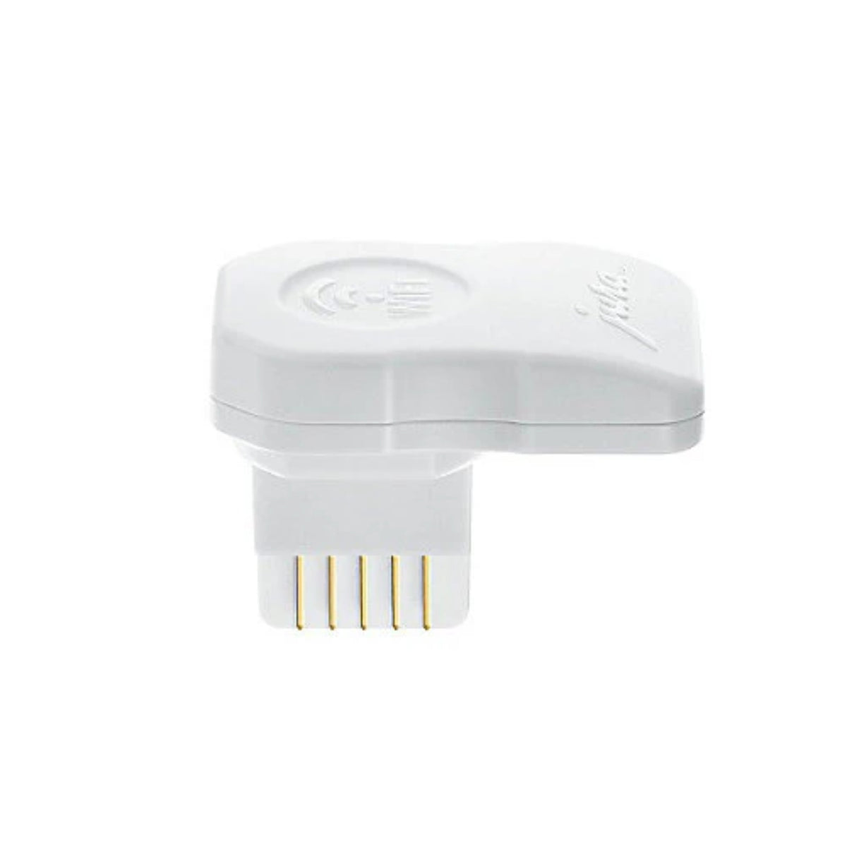 JURA WiFi Connect (24160) bílý Wi‑Fi modul se zlatými kontakty a vyraženým logem, detailní boční pohled