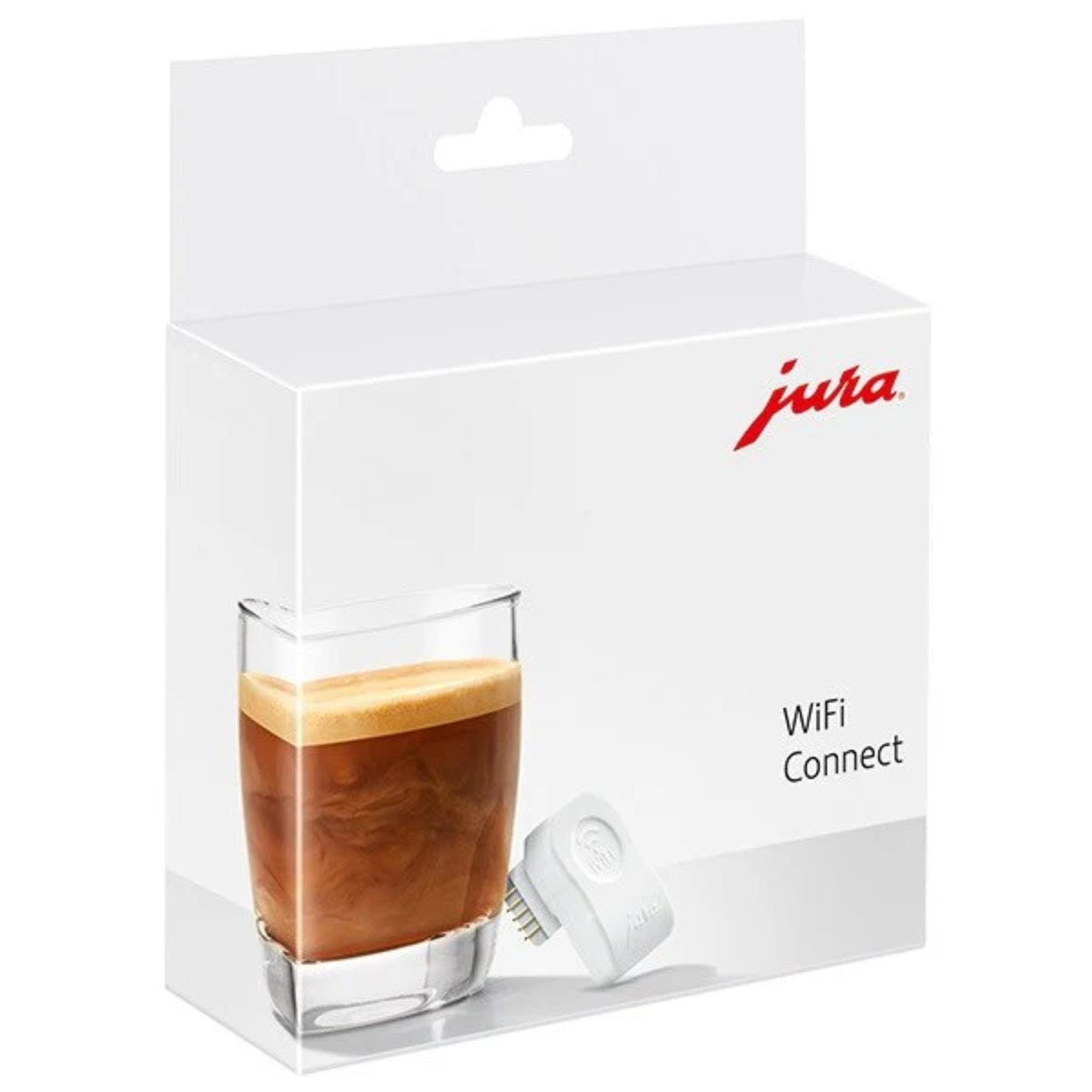 JURA WiFi Connect (24160) bílá krabička produktu se sklenicí kávy a malým bílým WiFi modulem na obalu