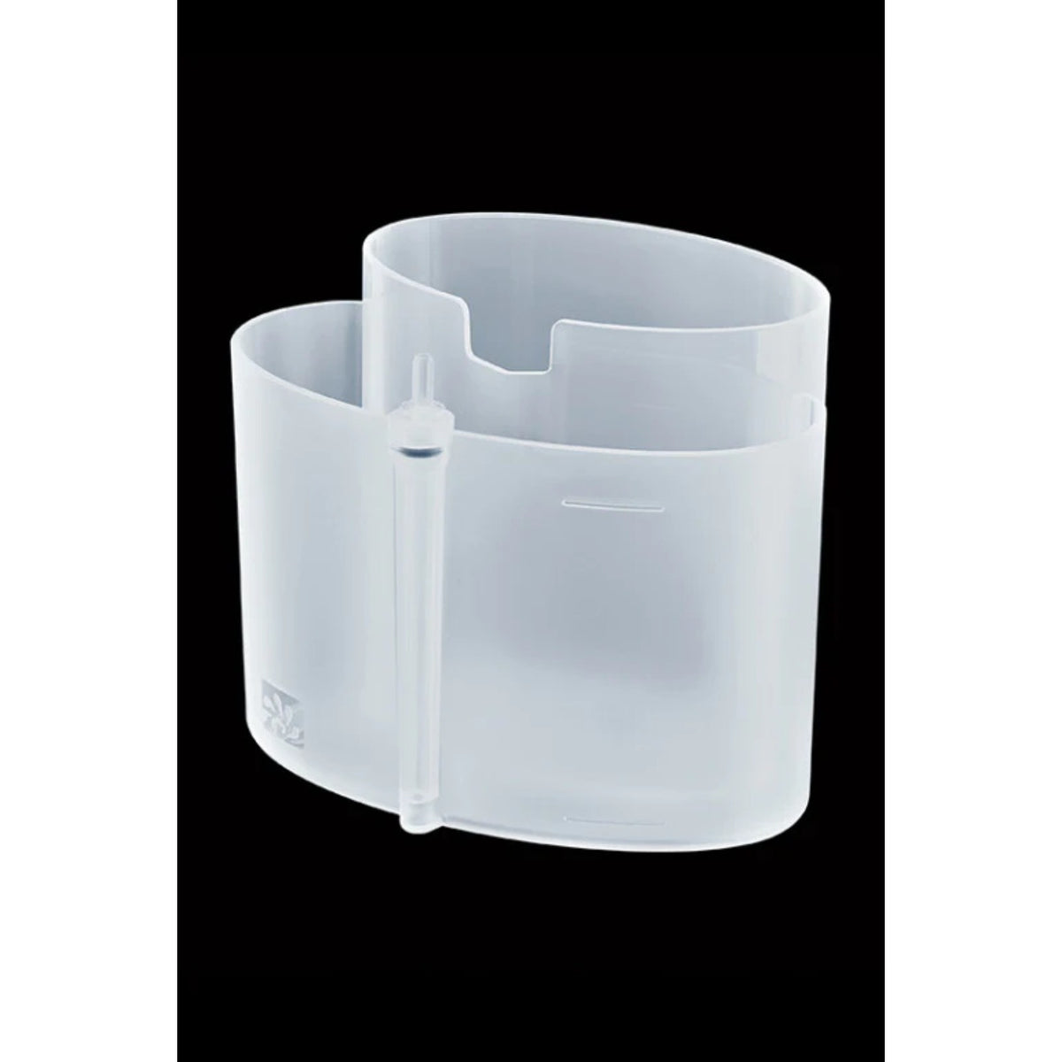 JURA Milk system cleaning container (24219) transparent plastic container with markings and small tube on a black background