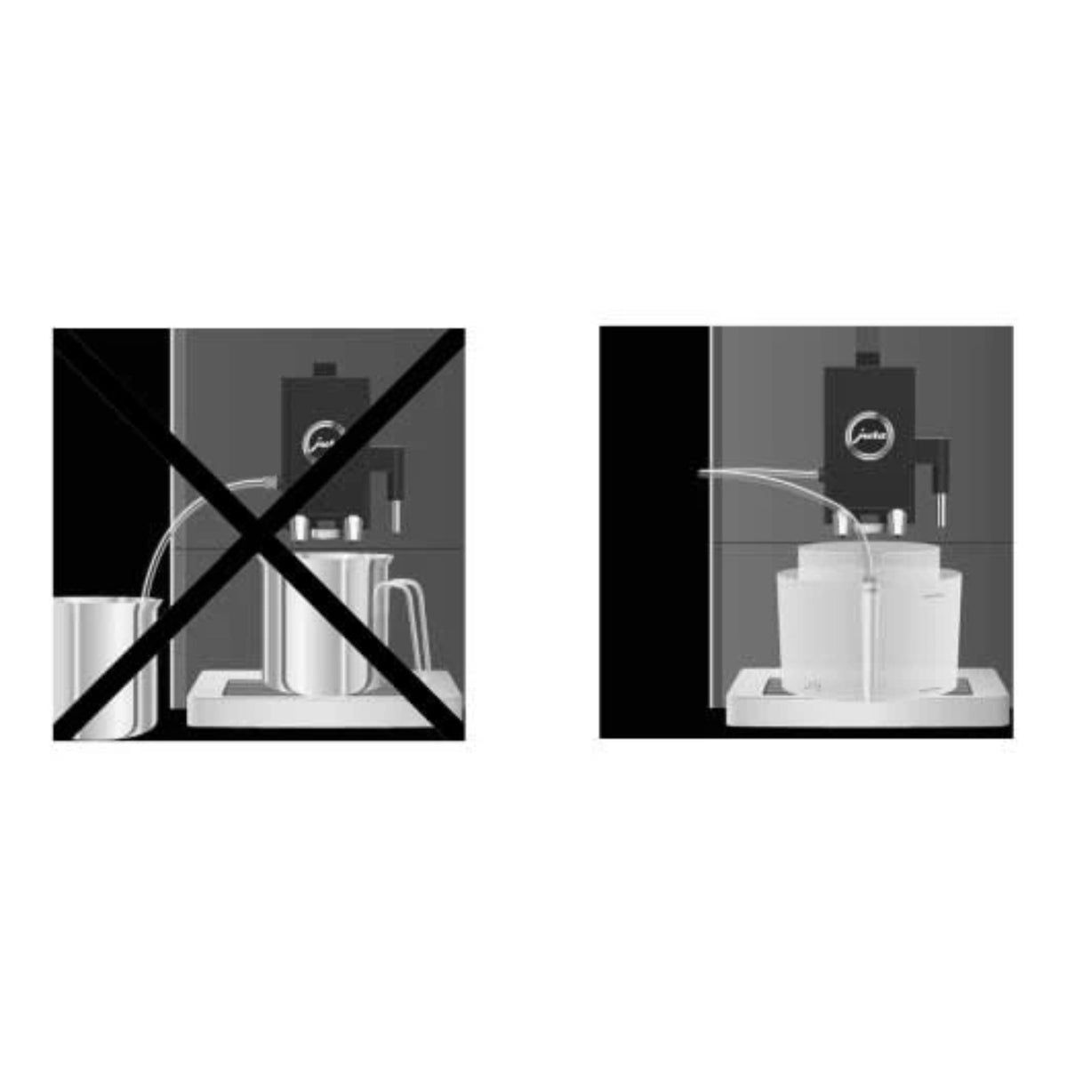 JURA Milk system cleaning container (24219) – two black‑and‑white images showing incorrect and correct placement of the container