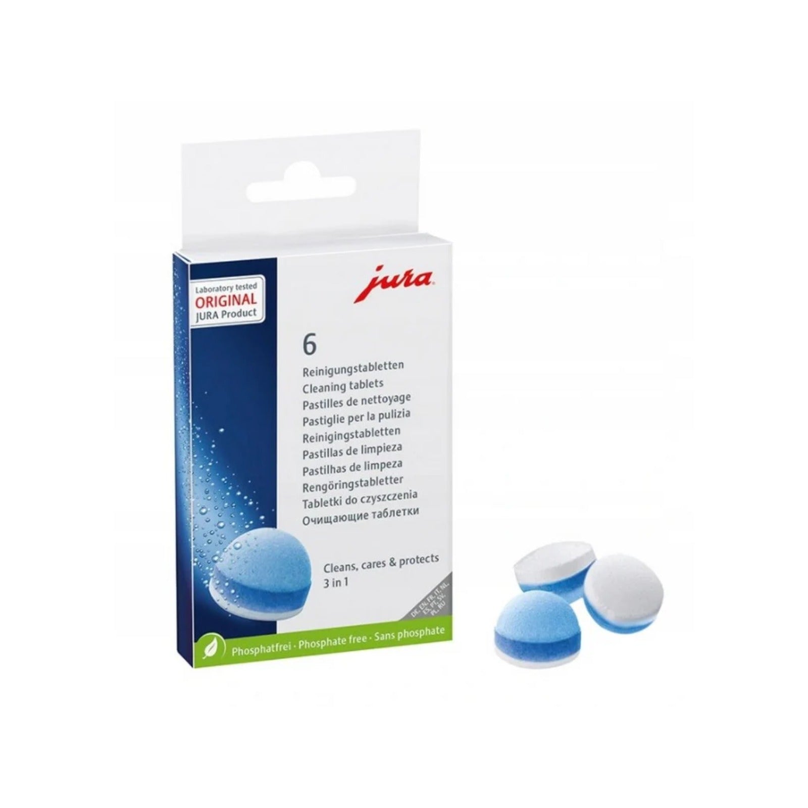 JURA 3-phase cleaning tablets 6 pcs (24225) – package next to three blue-white round tablets on a white background.