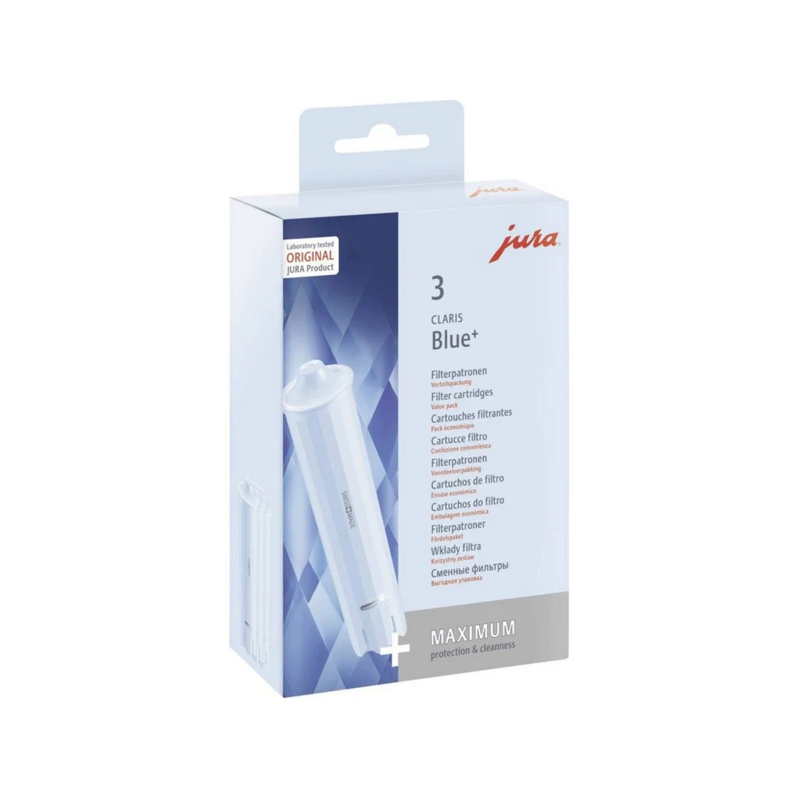 JURA CLARIS Blue+ filter cartridge 3 pcs (24231) – pack of three white filters in a blue-grey box with jura logo