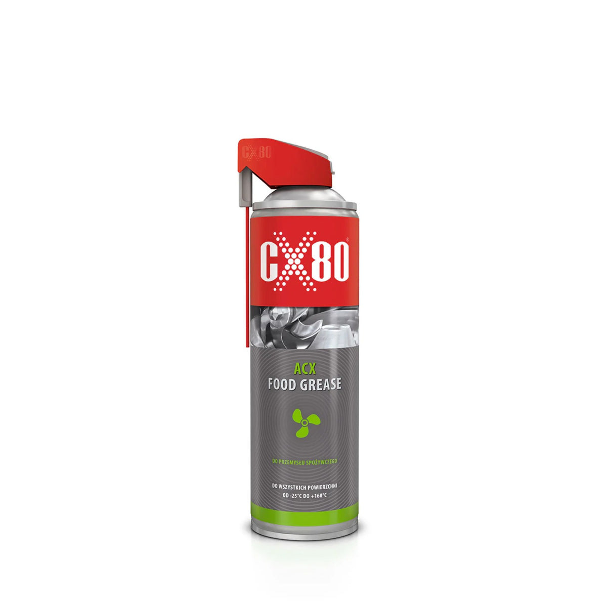 red and grey aerosol can CX-80 ACX Food Grease 500 ml with spray nozzle and green propeller symbol