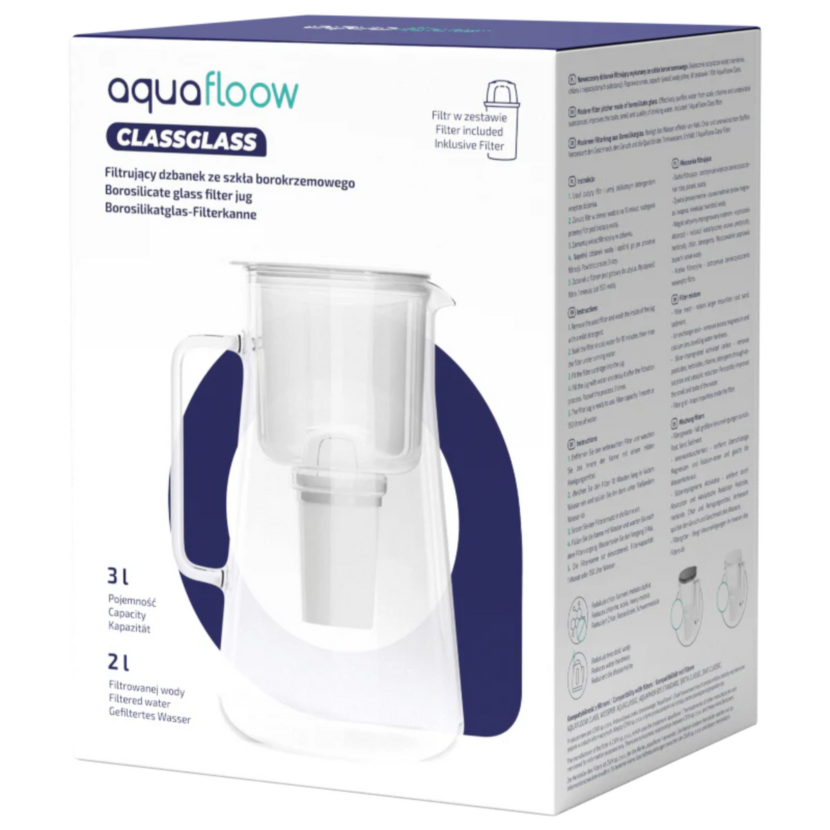 White box with an image of the Aquafloow ClassGlass 3 L transparent glass filter pitcher and Czech product text
