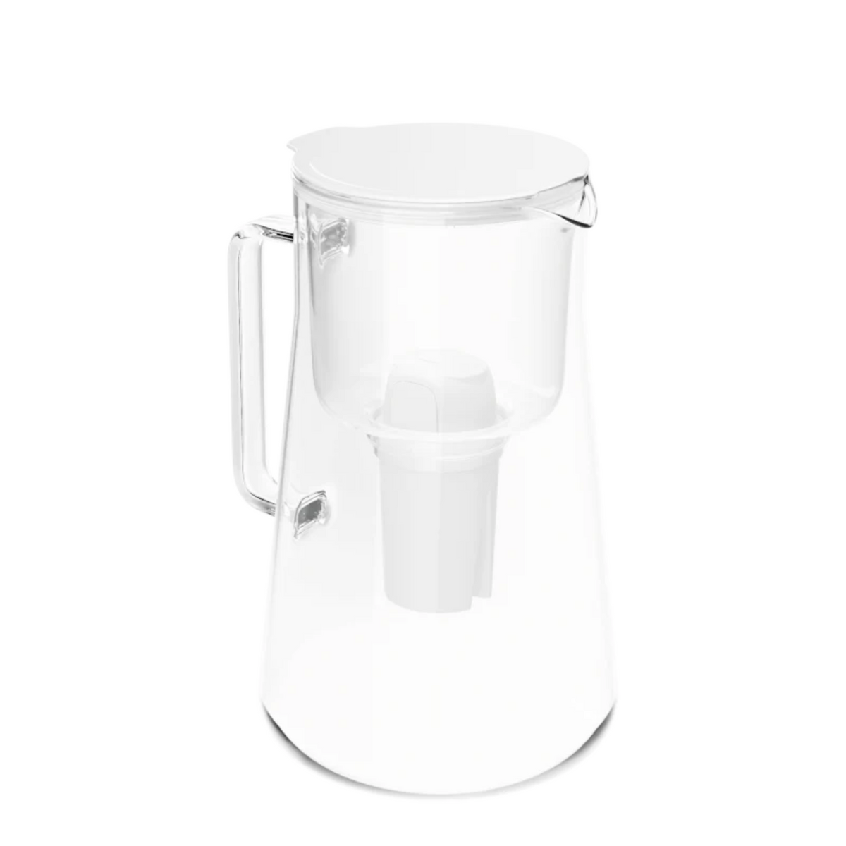 Transparent glass filter pitcher Aquafloow ClassGlass with white lid, handle and inserted filter cartridge