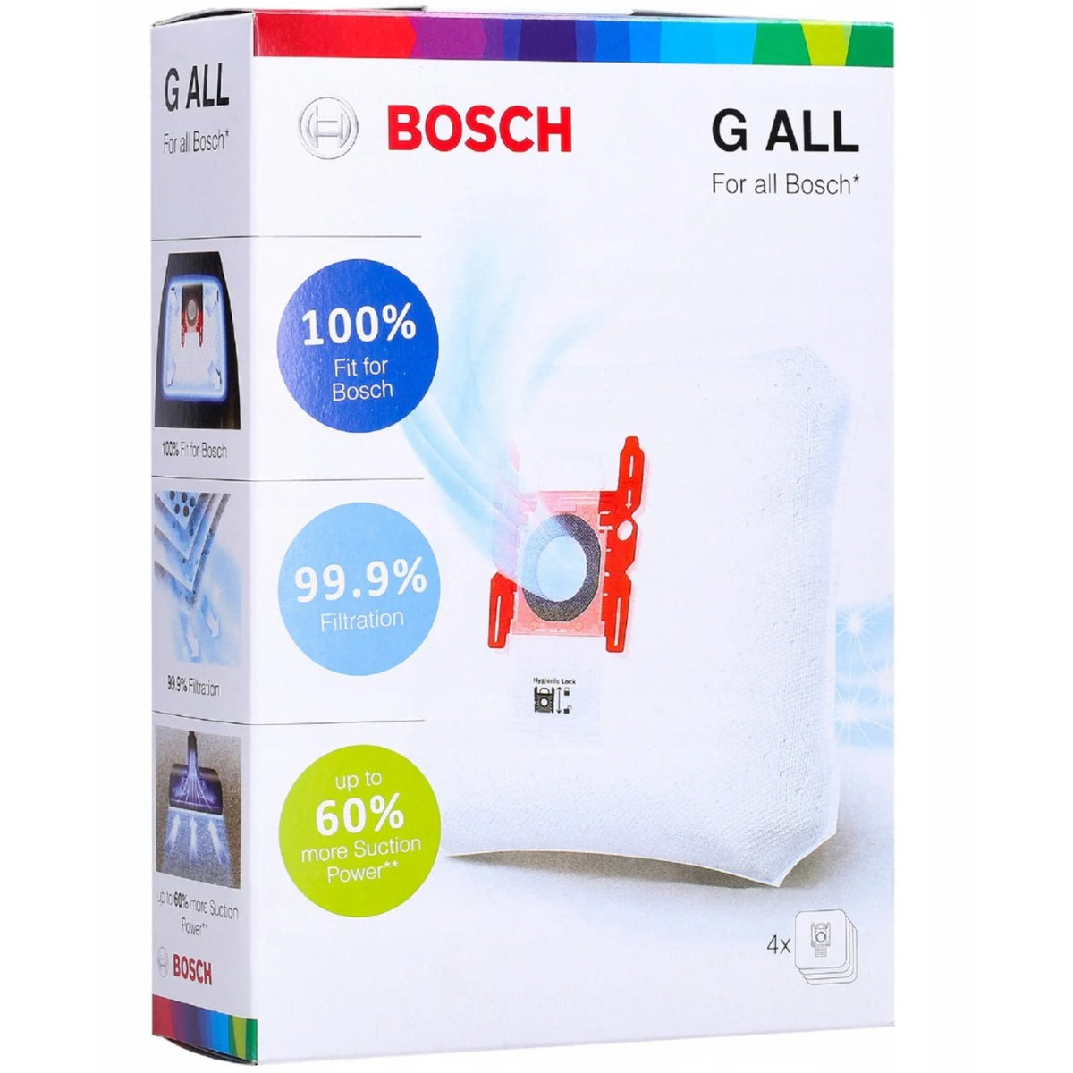 Bílá krabice Bosch G ALL sáčky do vysavače 4 ks s logem BOSCH, barevnými kruhy označujícími 100% fit, 99.9% filtrace a až